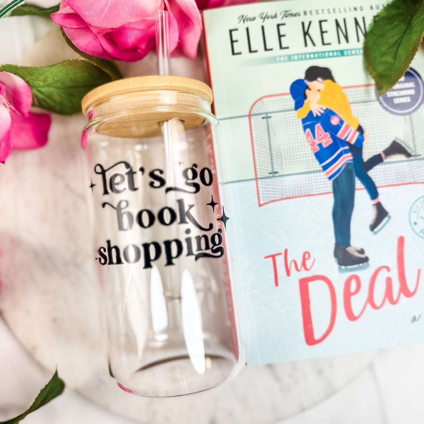 Let’s Go Book Shopping Clear Glass Cup with Bamboo Lid and Reusable Straw