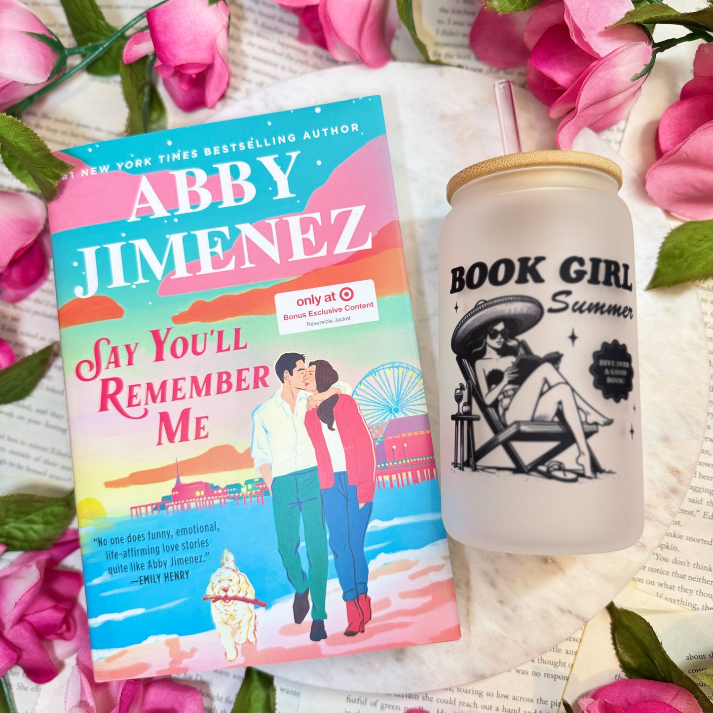 Book Girl Summer Frosted Glass Cup with Bamboo Lid & Straw