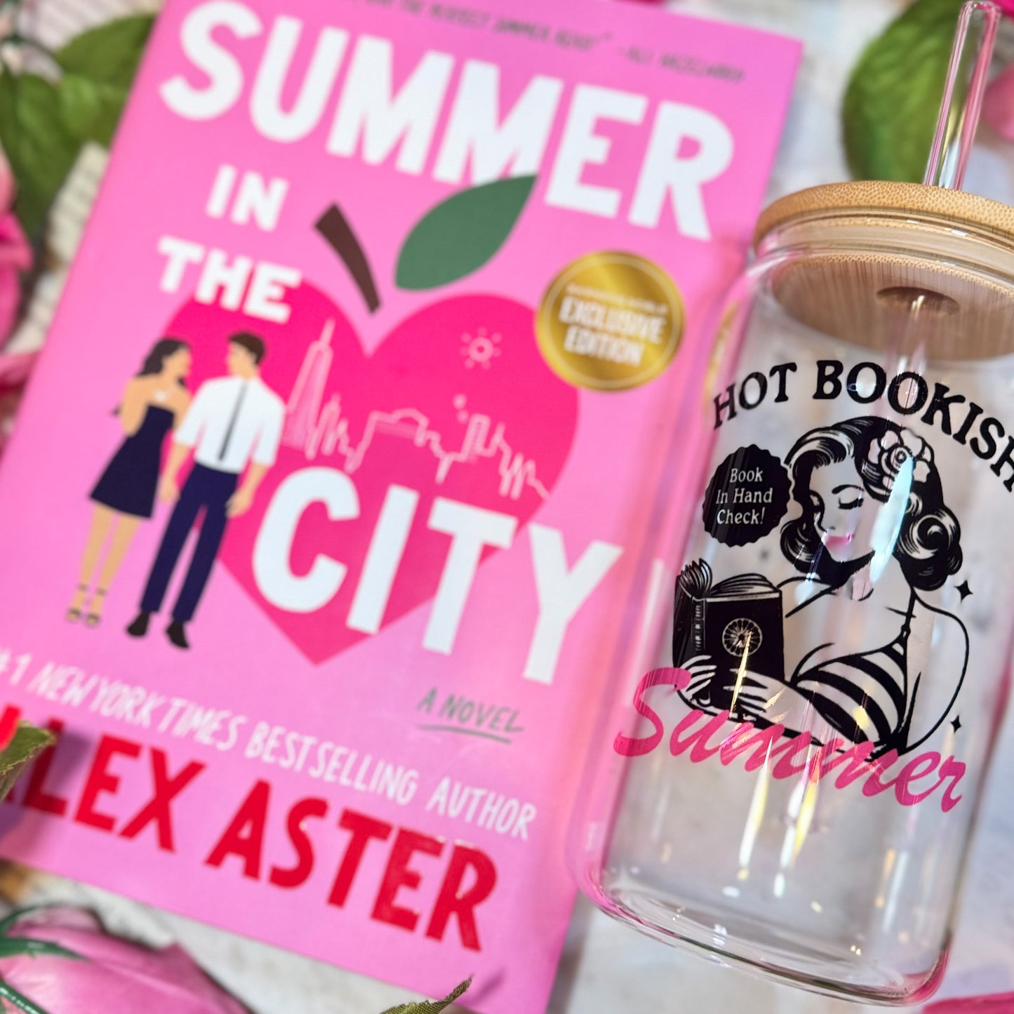 Hot Bookish Summer Clear Glass Cup with Bamboo Lid & Straw