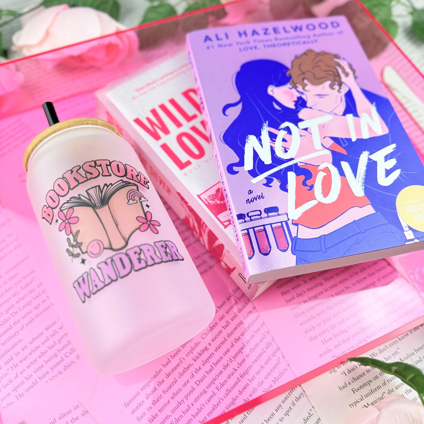 Bookstore Wanderer Frosted Glass Cup with Bamboo Lid & Straw