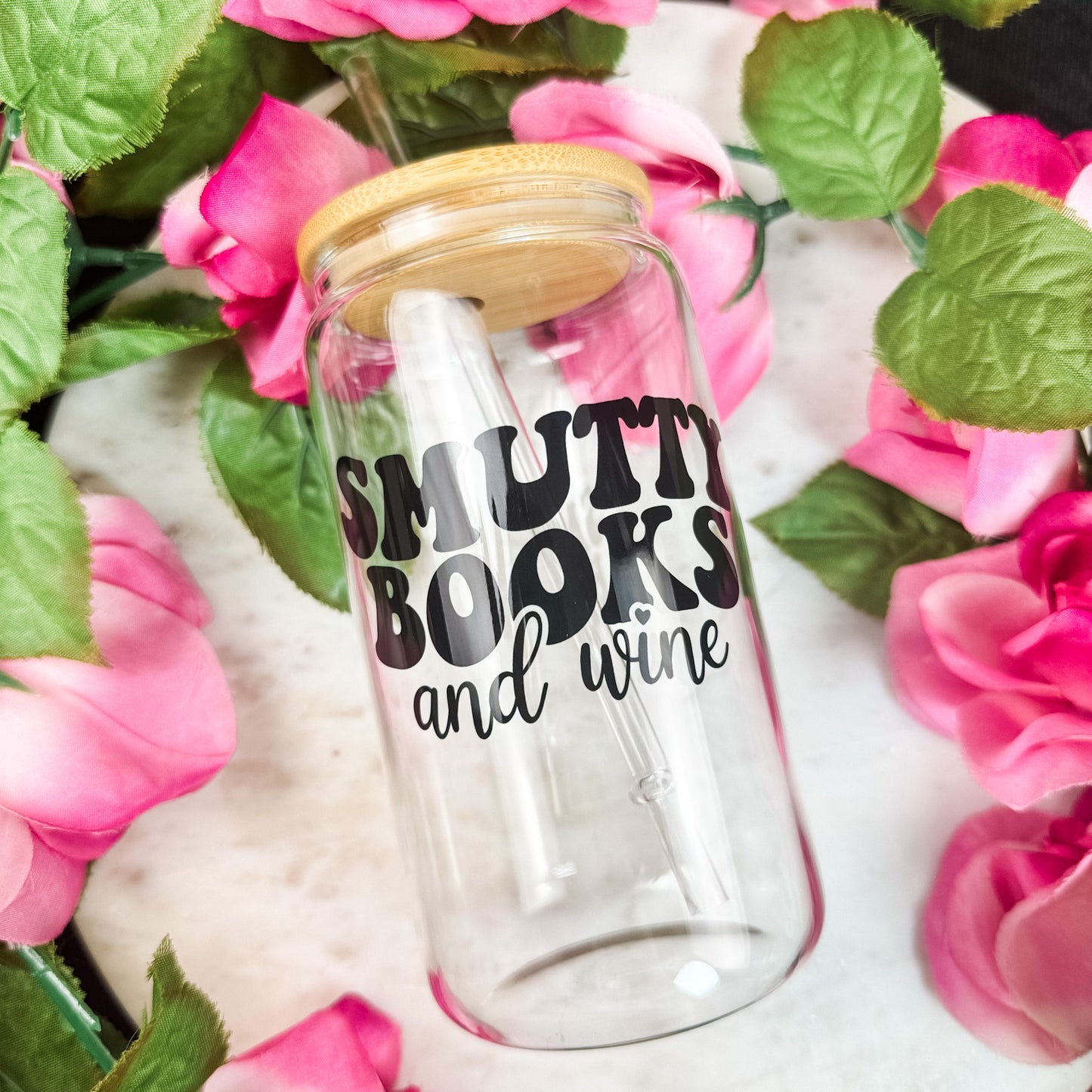 Smutty Books And Wine Clear Glass Cup With Bamboo Lid And Plastic Straw