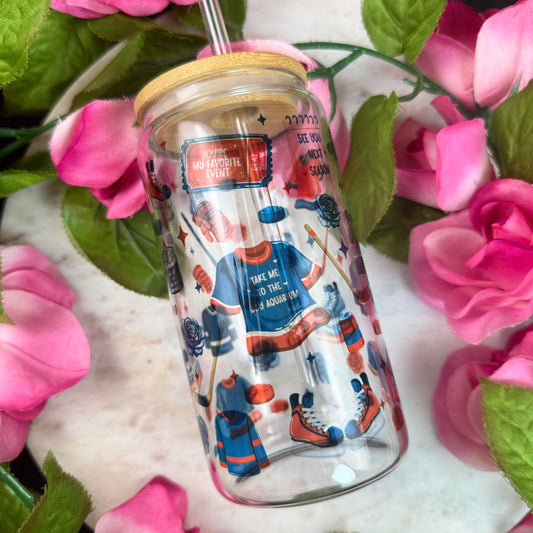 Hockey Romance Era Clear Glass Cup with Bamboo Lid & Straw