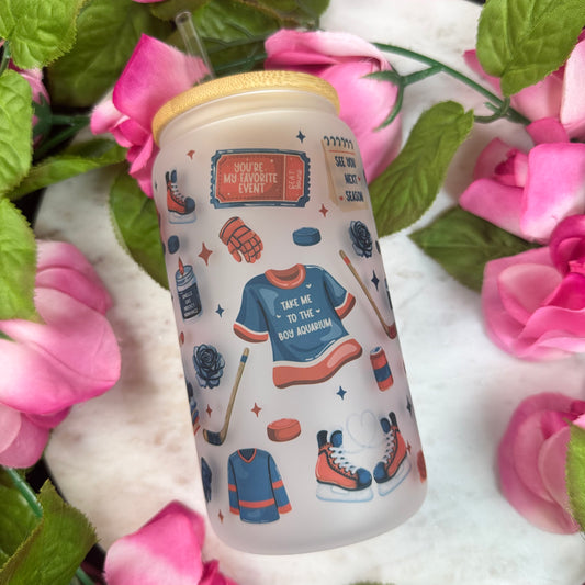 Hockey Romance Era Frosted Glass Cup with Bamboo Lid & Straw