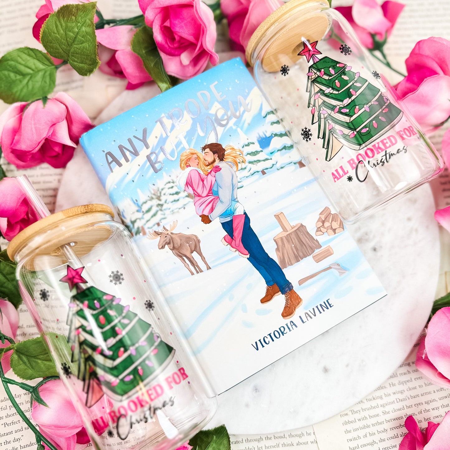 All Booked for Christmas Clear Glass Cup with Bamboo Lid & Straw