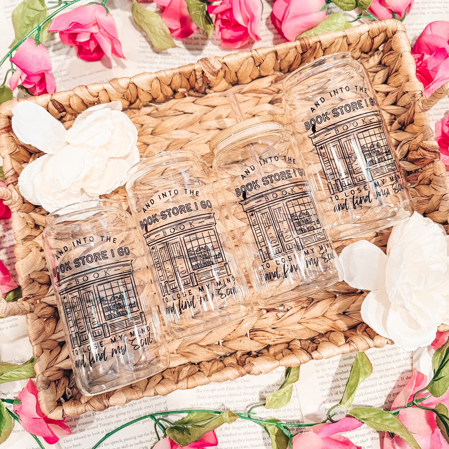 Into the Bookstore I Go Clear Glass Cup with Bamboo Lid and Straw - Perfect for Bookstore Adventures and Daily Sips