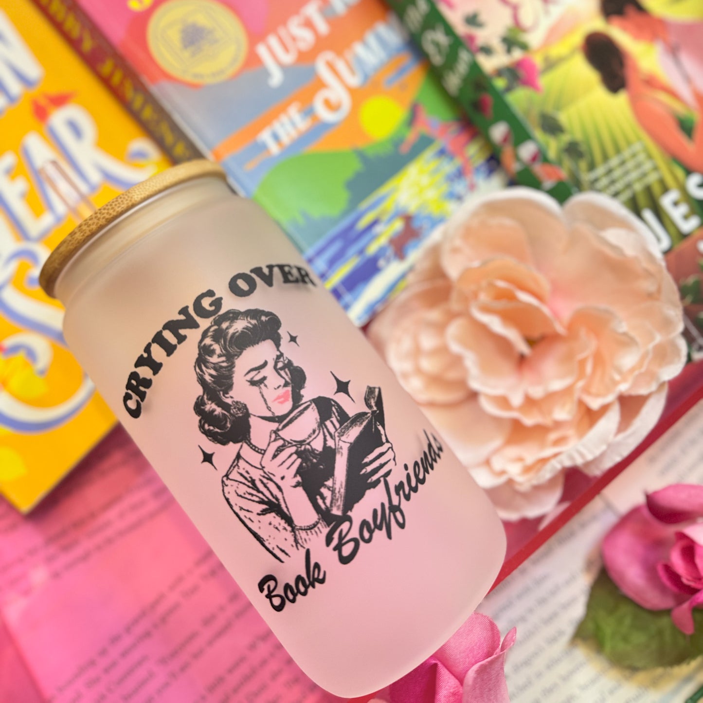 Crying Over Book Boyfriends Frosted Glass Cup with Bamboo Lid & Straw