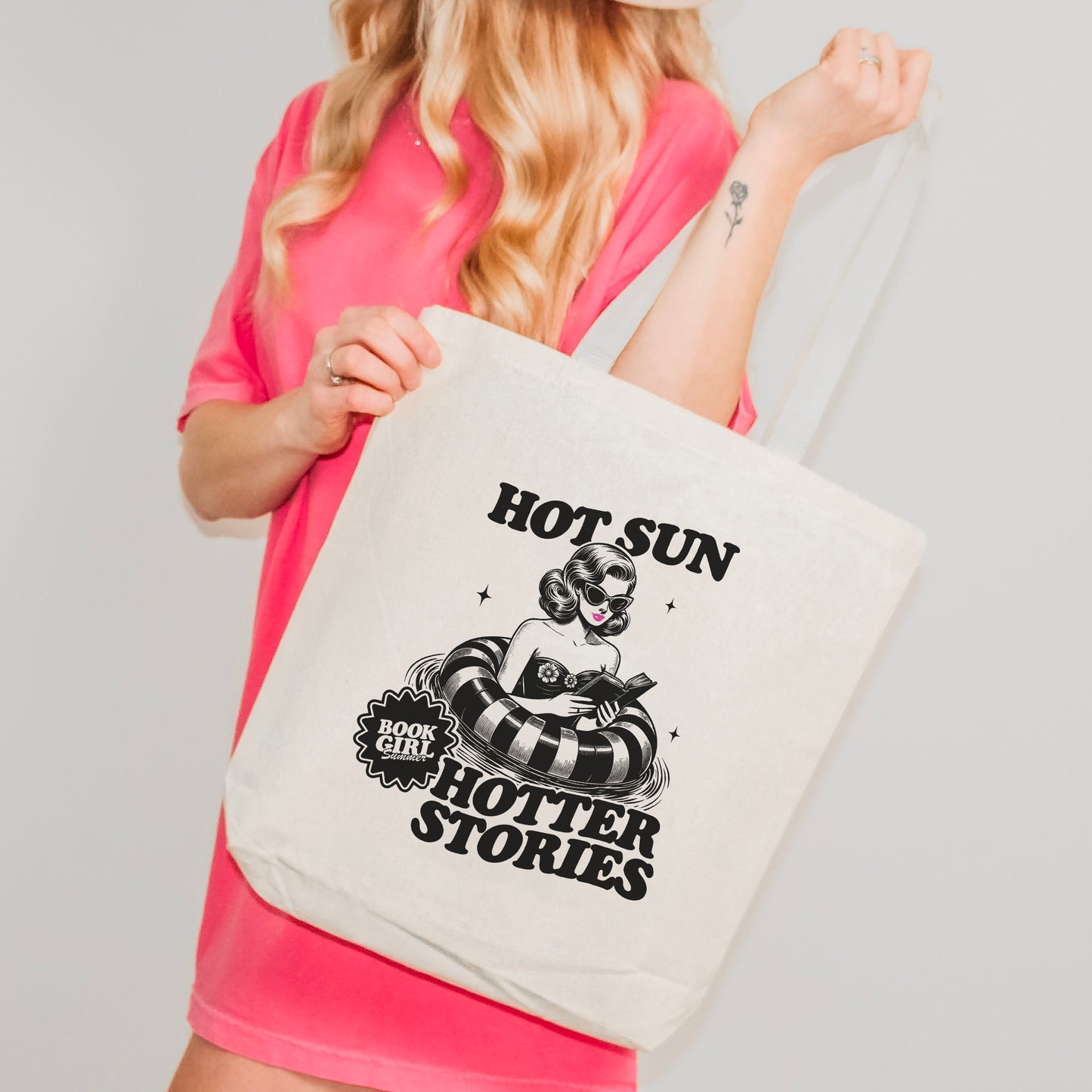 Hot Sun Hotter Stories Bookish Canvas Tote Bag | Retro Summer Design