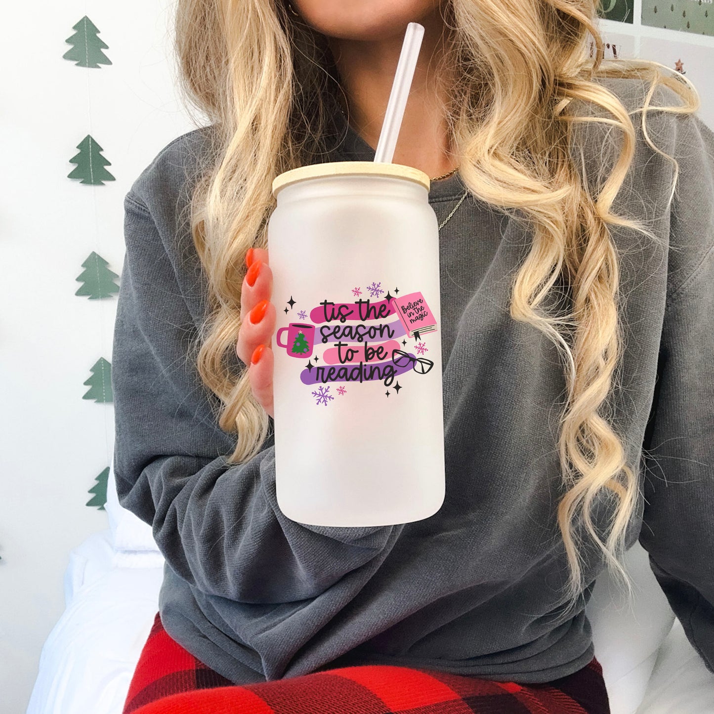 Tis the Season to Be Reading Frosted Glass Cup