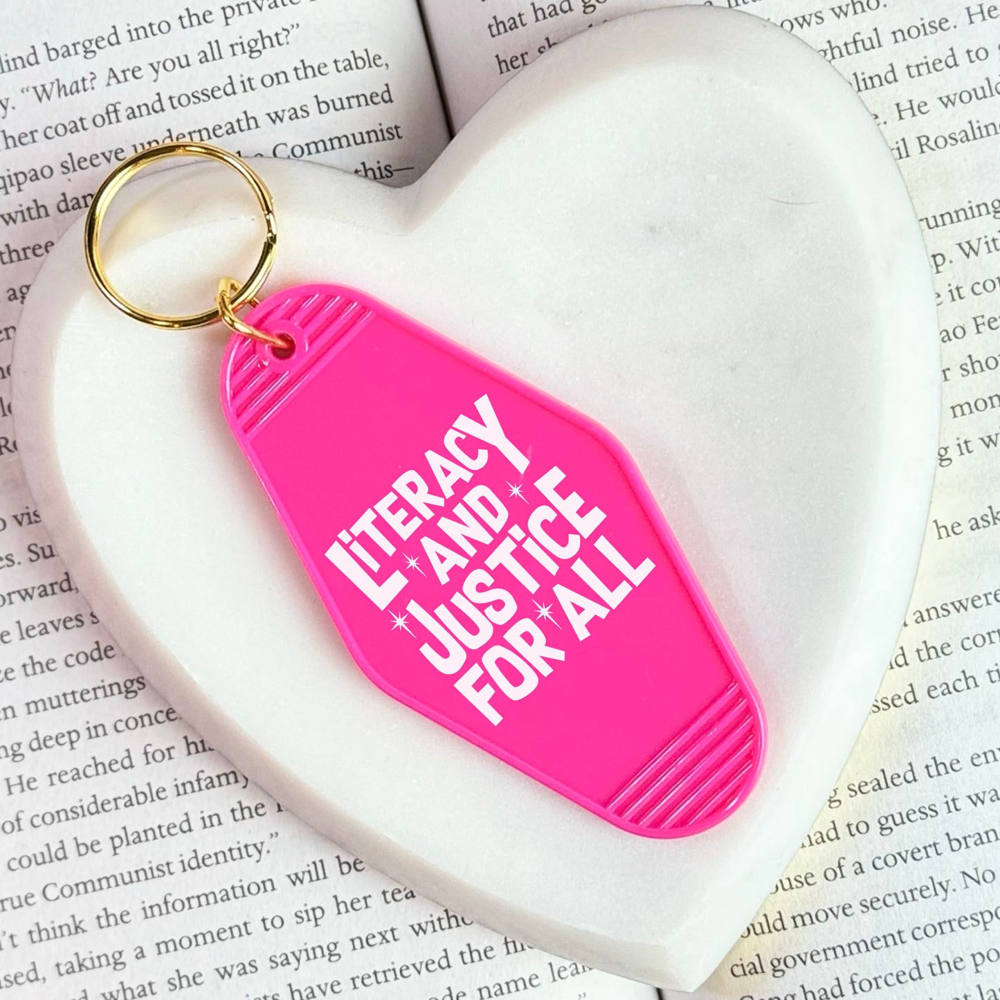 Literacy And Justice For All Retro Motel Keychain