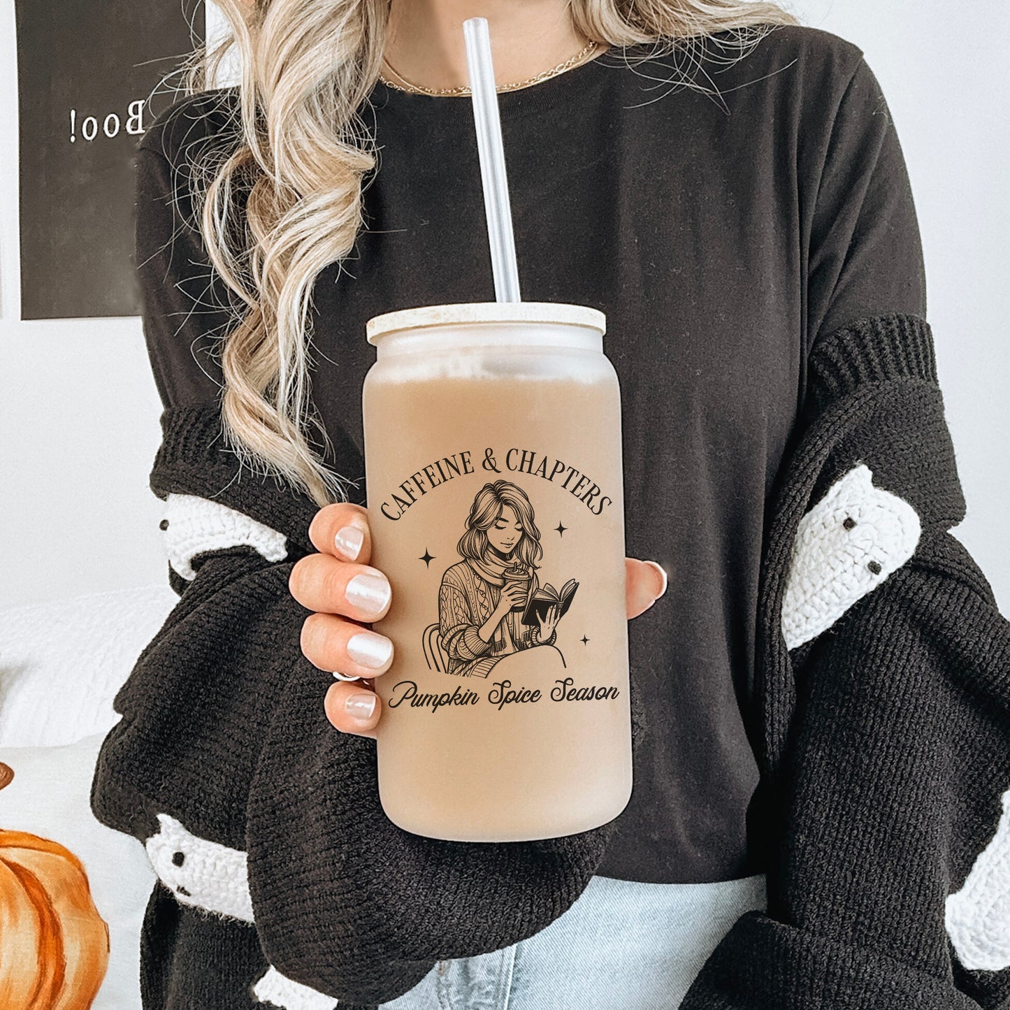 Caffeine and Chapters Frosted Glass Cup