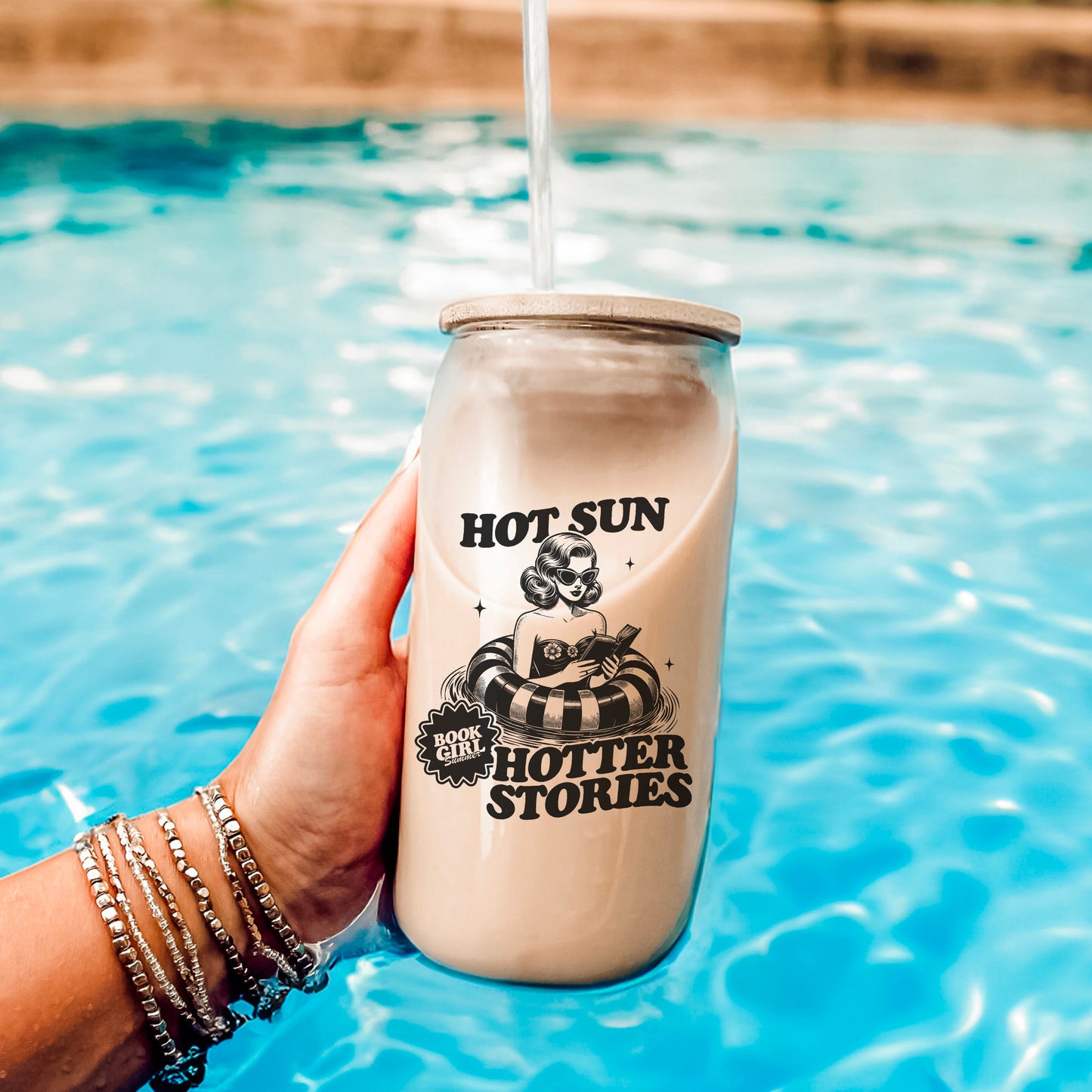 Hot Sun, Hotter Stories Retro Bookish Clear Glass Cup with Bamboo Lid & Straw