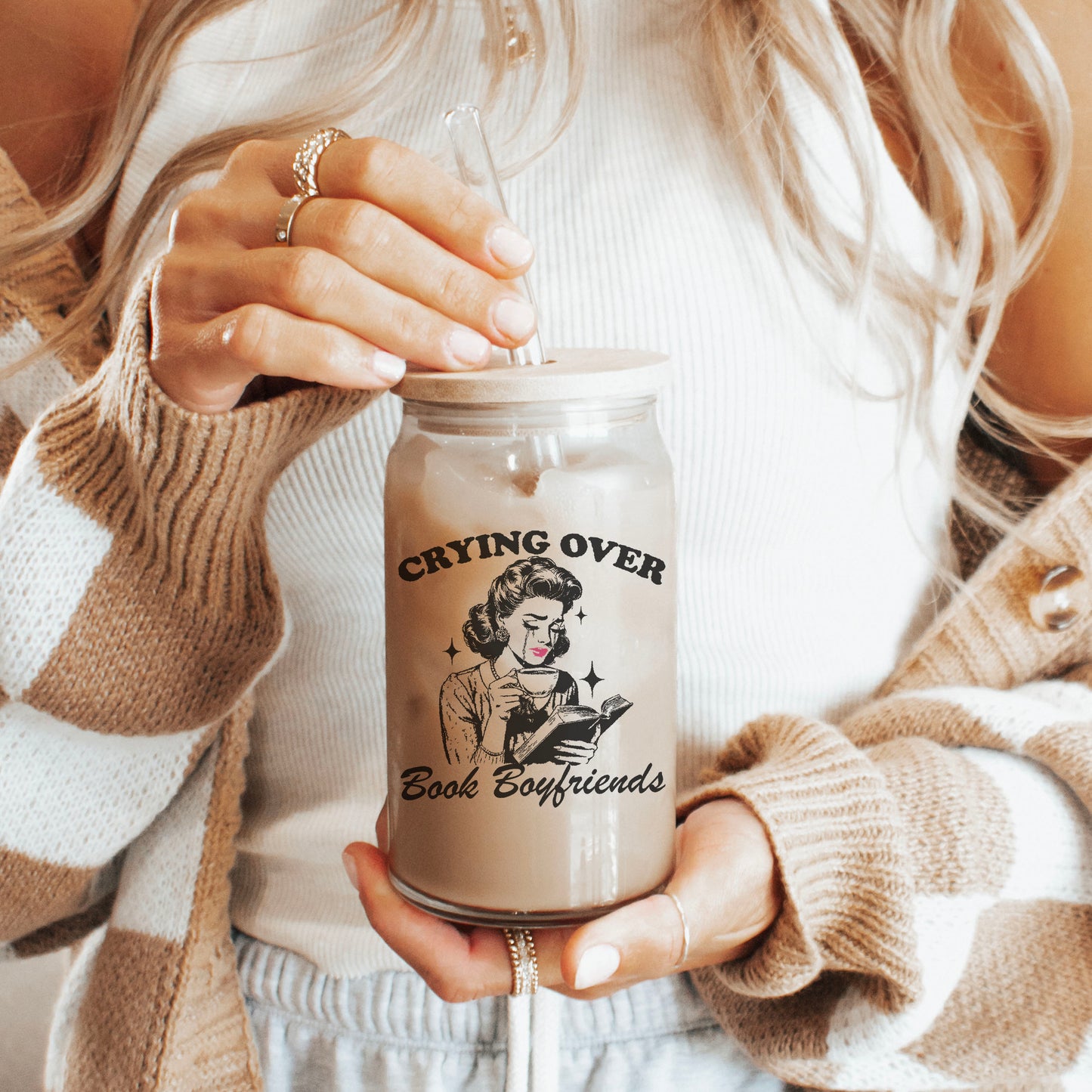 Crying Over Book Boyfriends Clear Glass Cup with Bamboo Lid & Straw