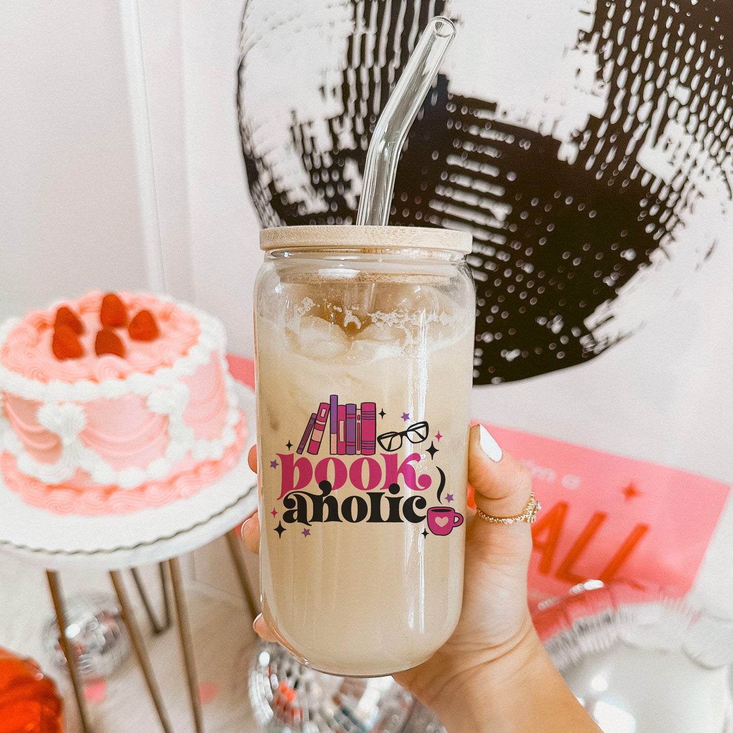 Bookaholic Clear Glass Cup with Bamboo Lid & Straw