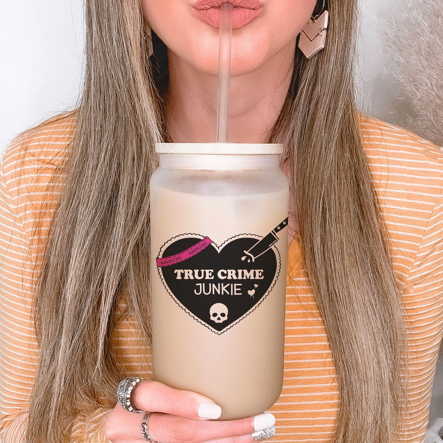 True Crime Junkie Frosted Glass Cup with Bamboo Lid and Straw