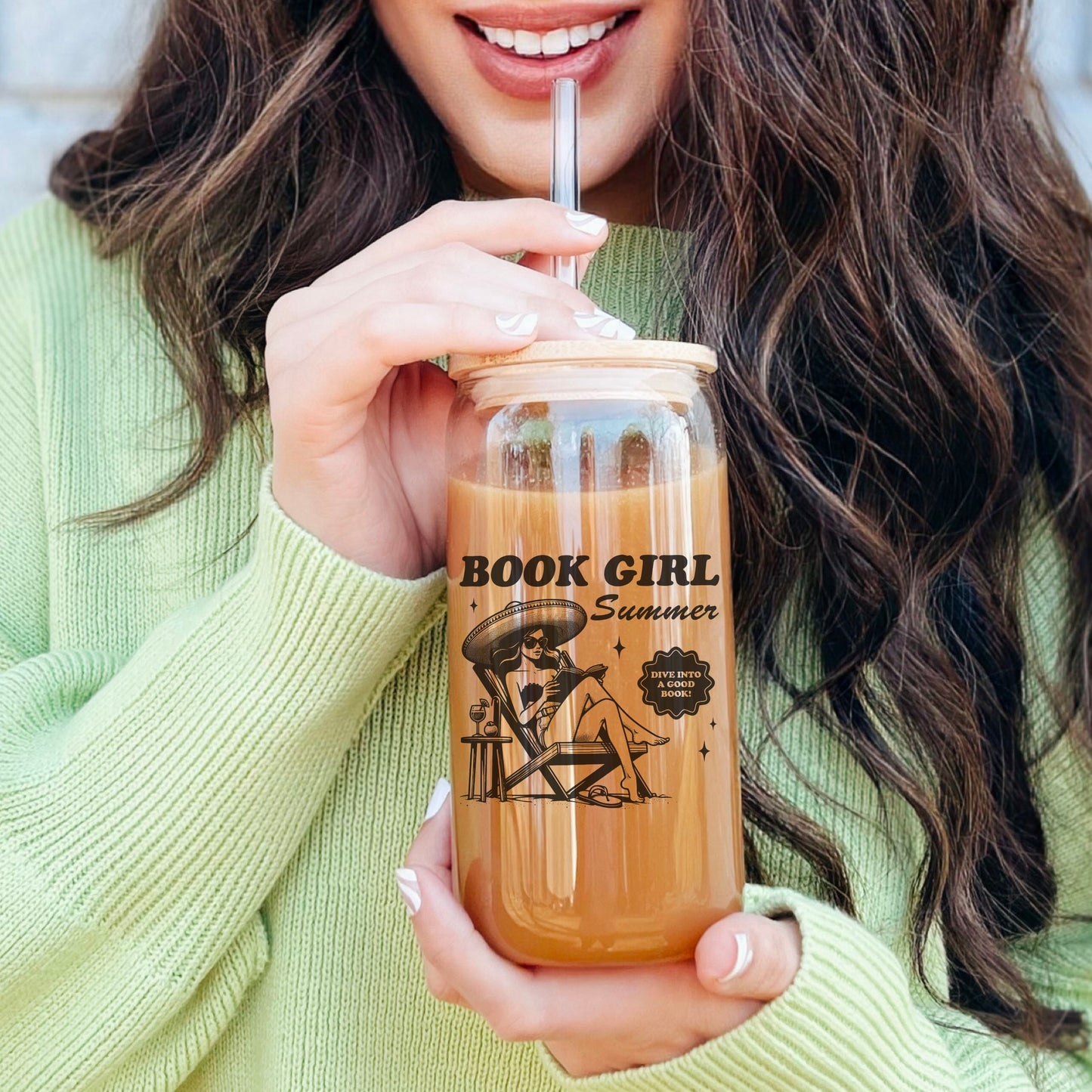 Book Girl Summer Clear Glass Cup with Bamboo Lid & Straw