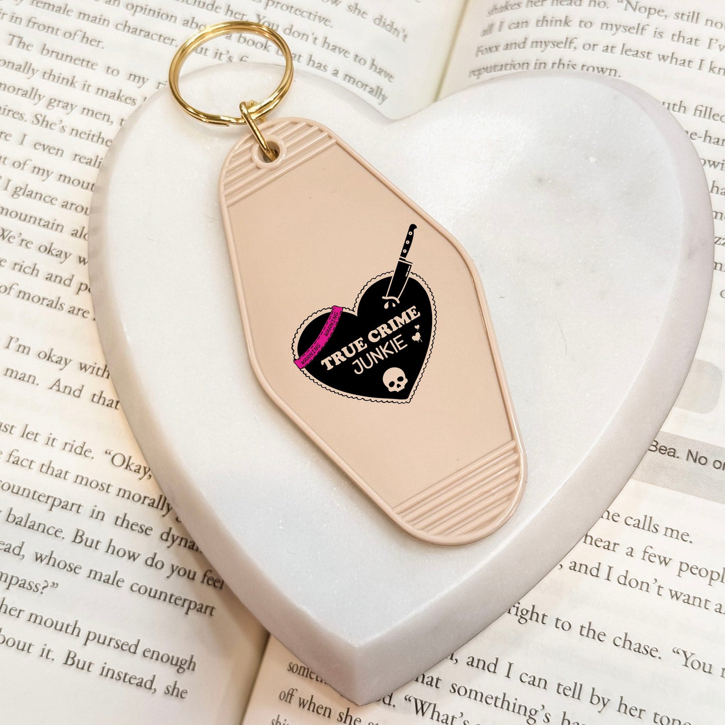 True Crime Junkie Motel Keychain for Mystery and Crime Book Lovers