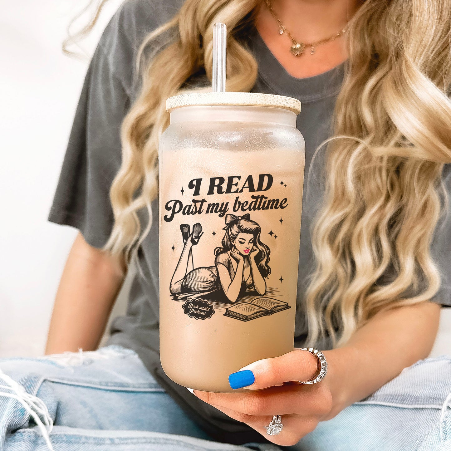 I Read Past My Bedtime Frosted Glass Cup with Bamboo Lid & Straw