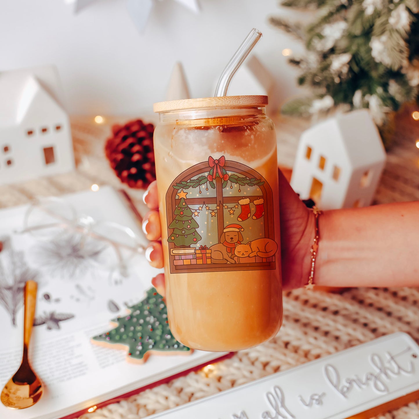 Christmas Reading Nook Clear Glass Cup With Bamboo Lid And Straw