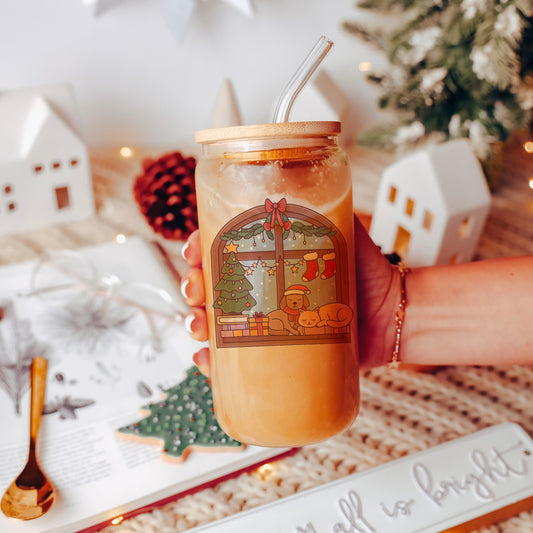 Christmas Reading Nook Clear Glass Cup With Bamboo Lid And Straw