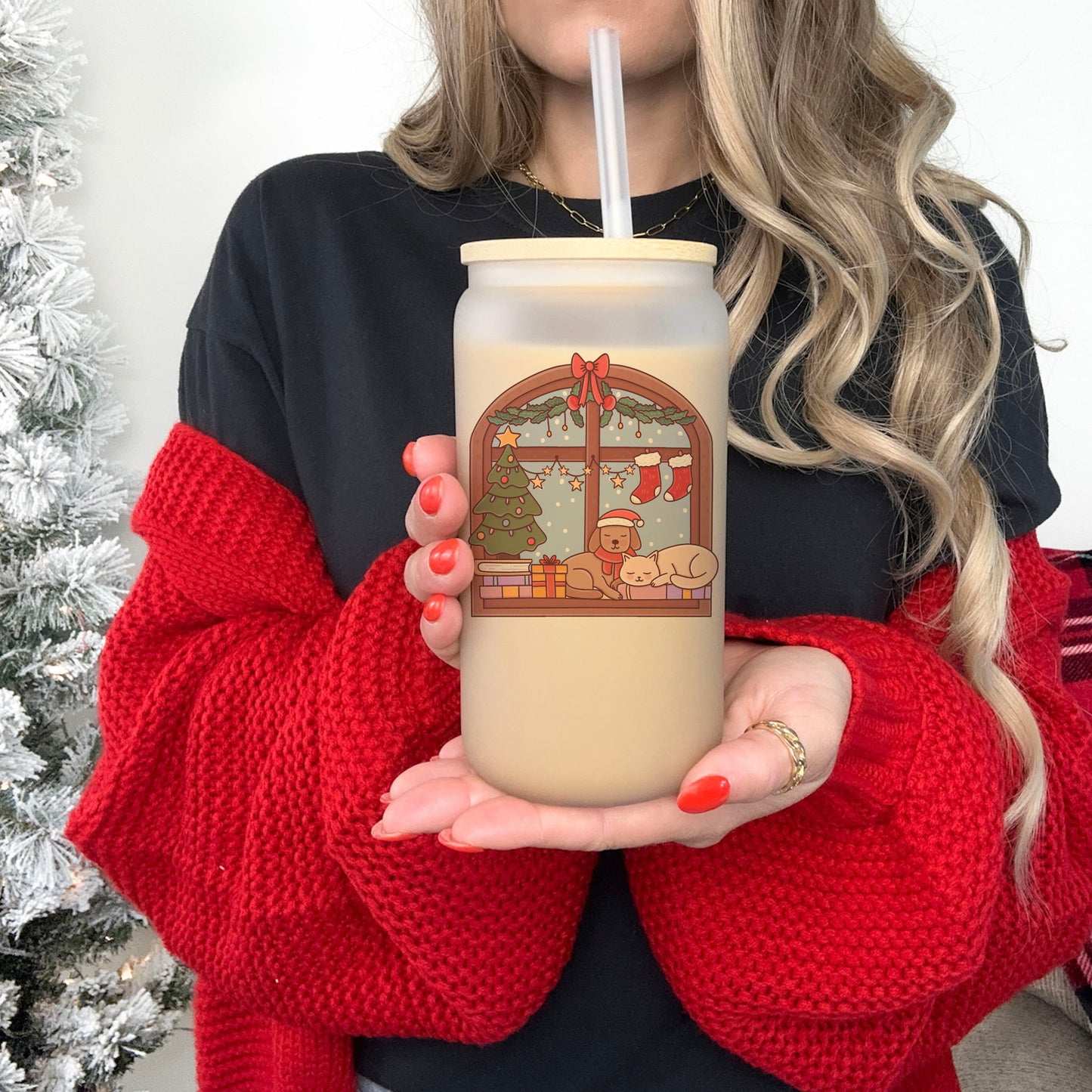 Christmas Reading Nook Frosted Glass Cup With Bamboo Lid and Straw