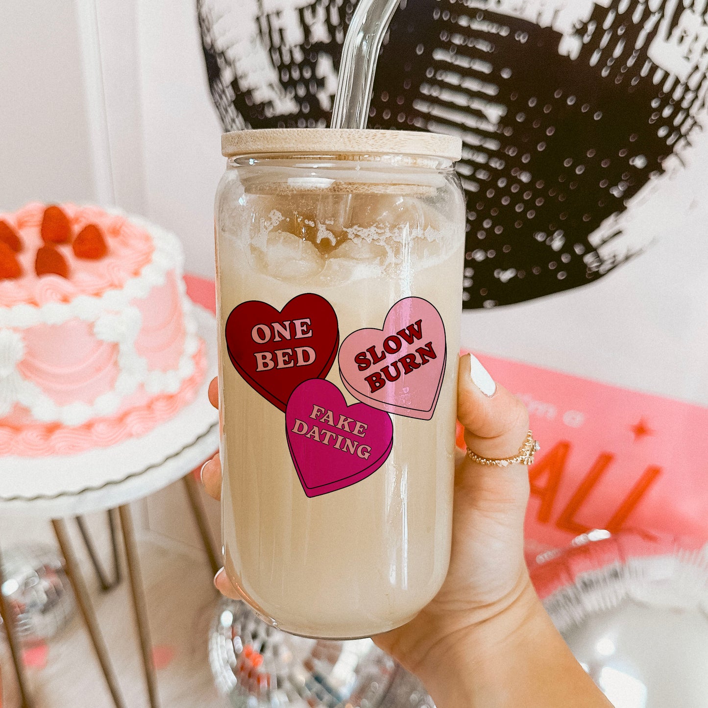Reader Candy Hearts Clear Glass Cup with Bamboo Lid & Plastic Straw