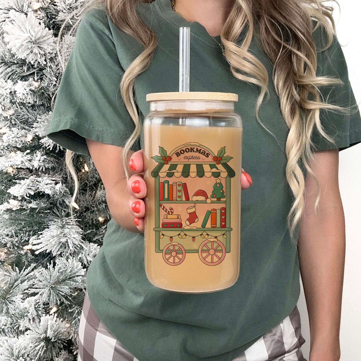 Bookmas Express Clear Glass Cup With Bamboo Lid And Straw