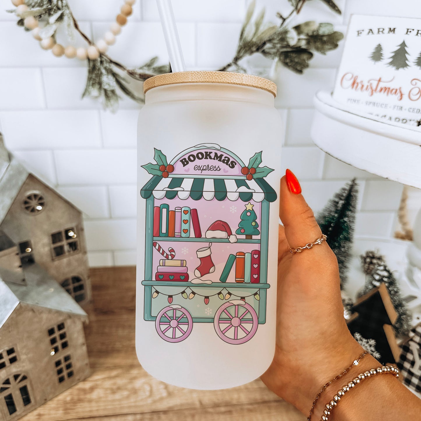 Bookmas Express Frosted Glass Cup With Bamboo Lid and Straw