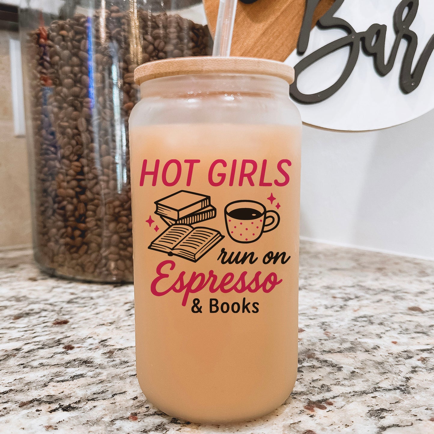 Hot Girls Run On Espresso And Books Frosted Glass Cup With Bamboo Lid And Plastic Straw