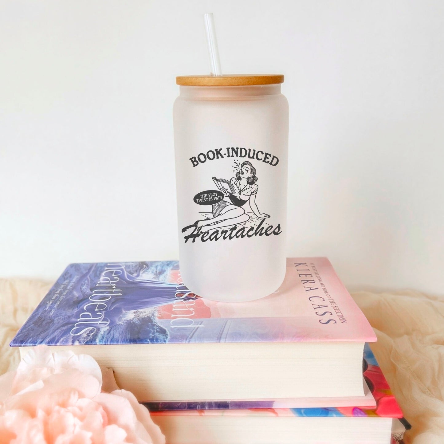 Book Induced Heartache Frosted Glass Cup with Bamboo Lid & Straw