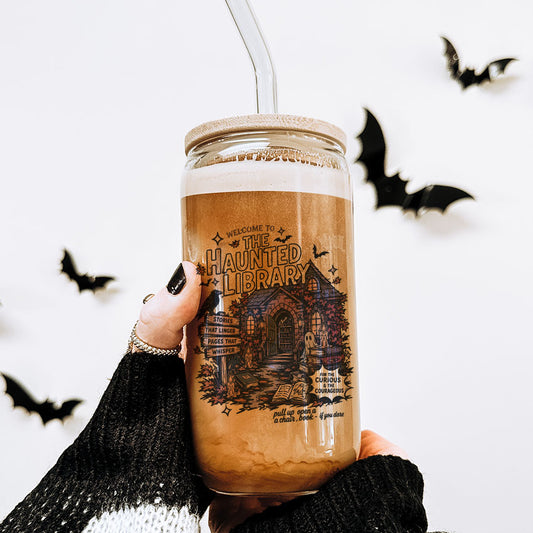 The Haunted Library Clear Glass Cup with Bamboo Lid & Straw