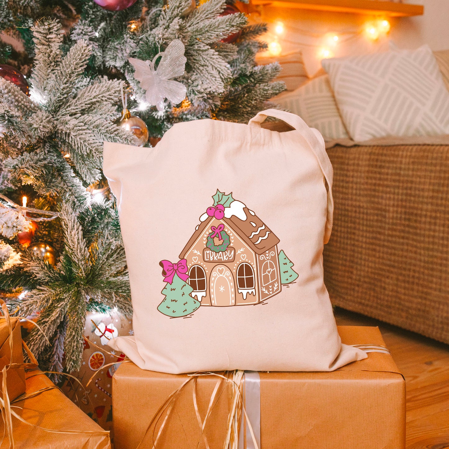 Gingerbread Bookmas Library Canvas Tote Bag