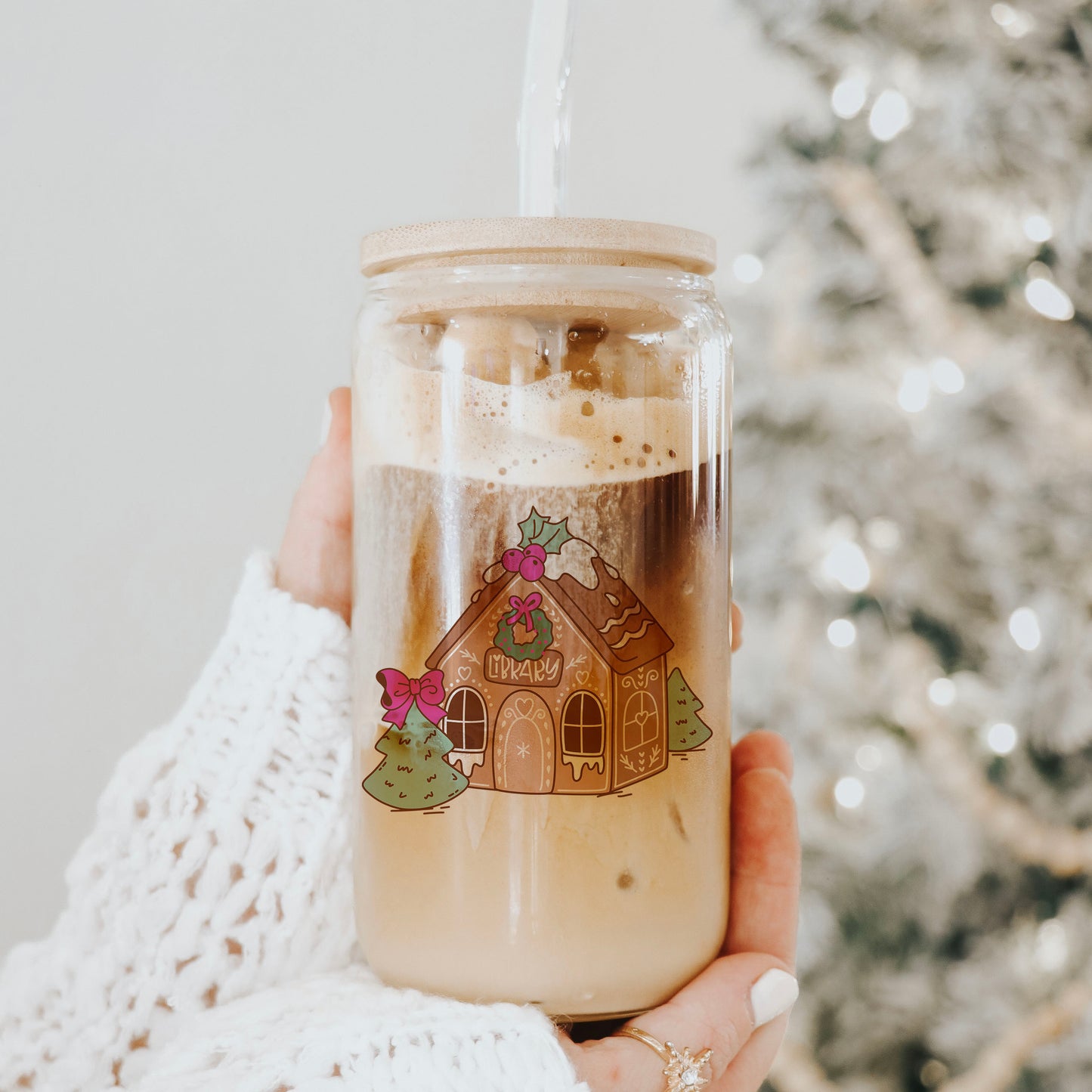 Gingerbread Bookmas Library Clear Glass Cup With Bamboo Lid And Straw