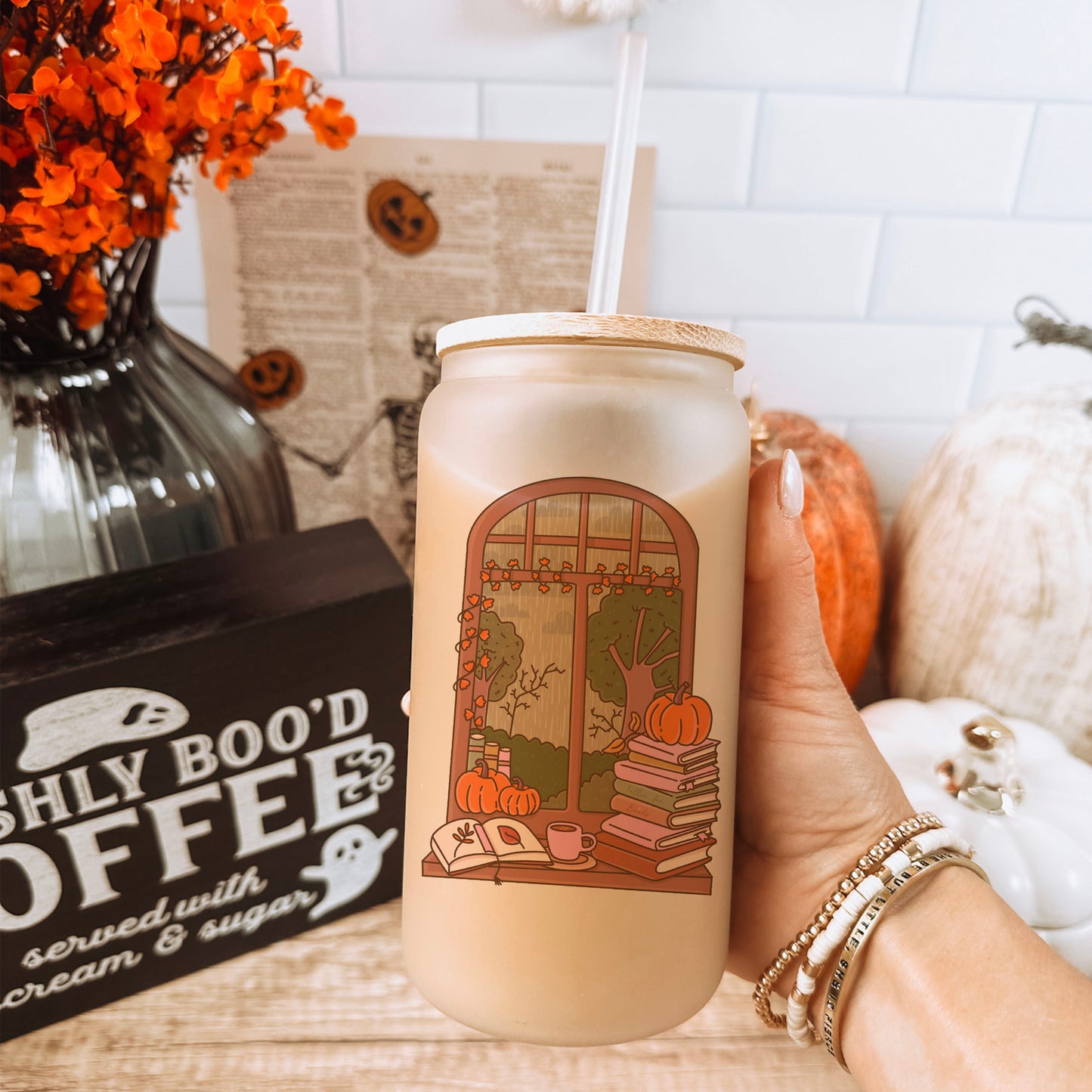 Cozy Autumn Reading Nook Frosted Glass Cup