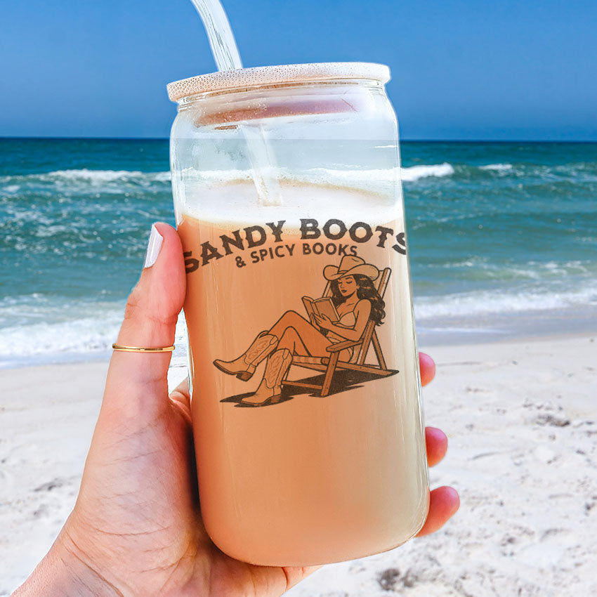 Sandy Boots & Spicy Books Clear Glass Cup with Bamboo Lid & Straw