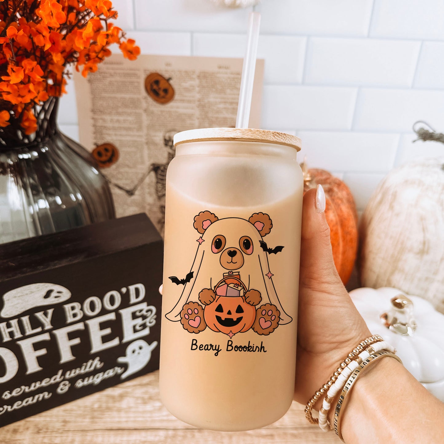 Beary Bookish Frosted Glass Cup
