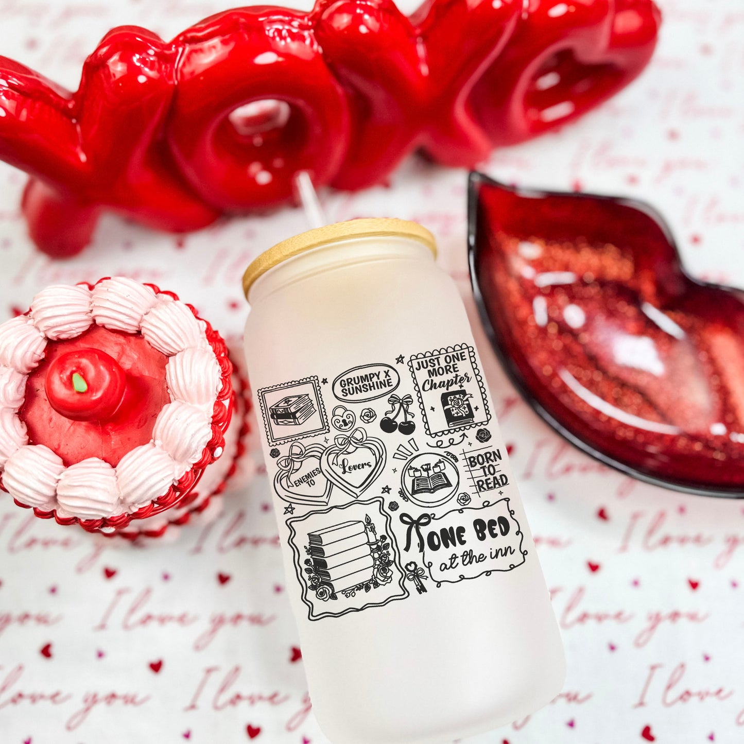 Bookish Romance Tropes Frosted Glass Cup with Bamboo Lid & Plastic Straw