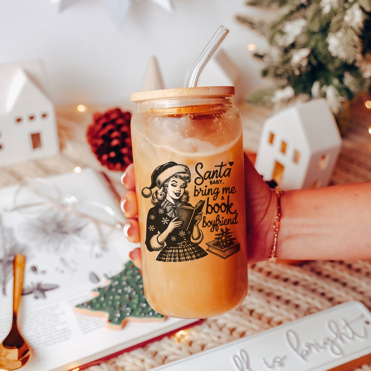 Santa Baby Bring Me A Book Boyfriend Clear Glass Cup With Bamboo Lid And Straw
