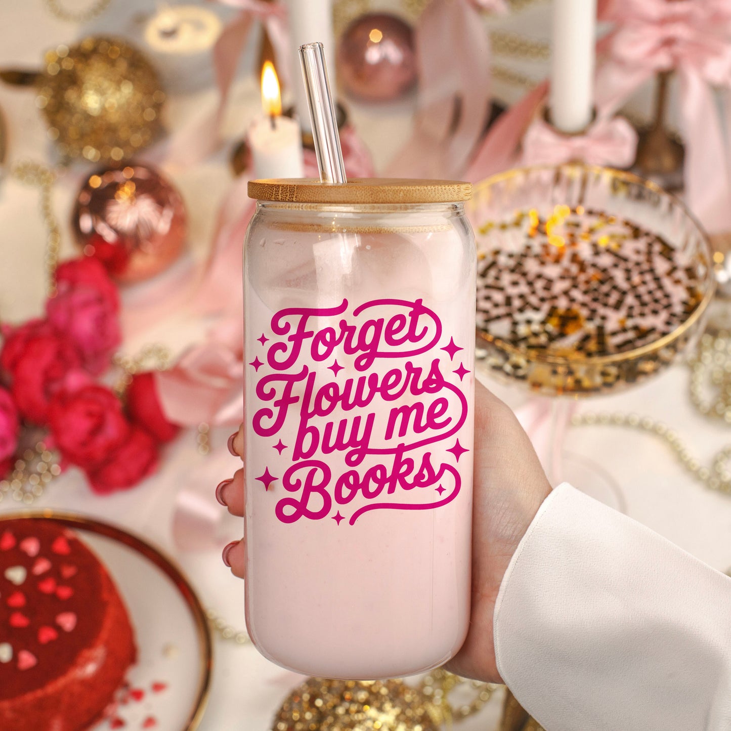 Forget Flowers Buy Me Books Clear Glass Cup with Bamboo Lid & Straw