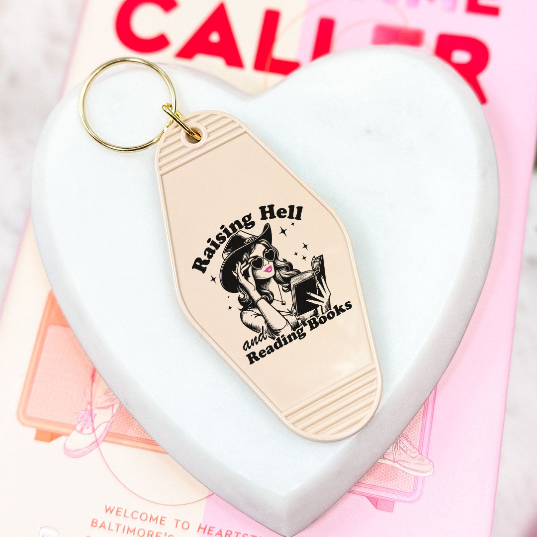 Raising Hell And Reading Books Retro Motel Keychain