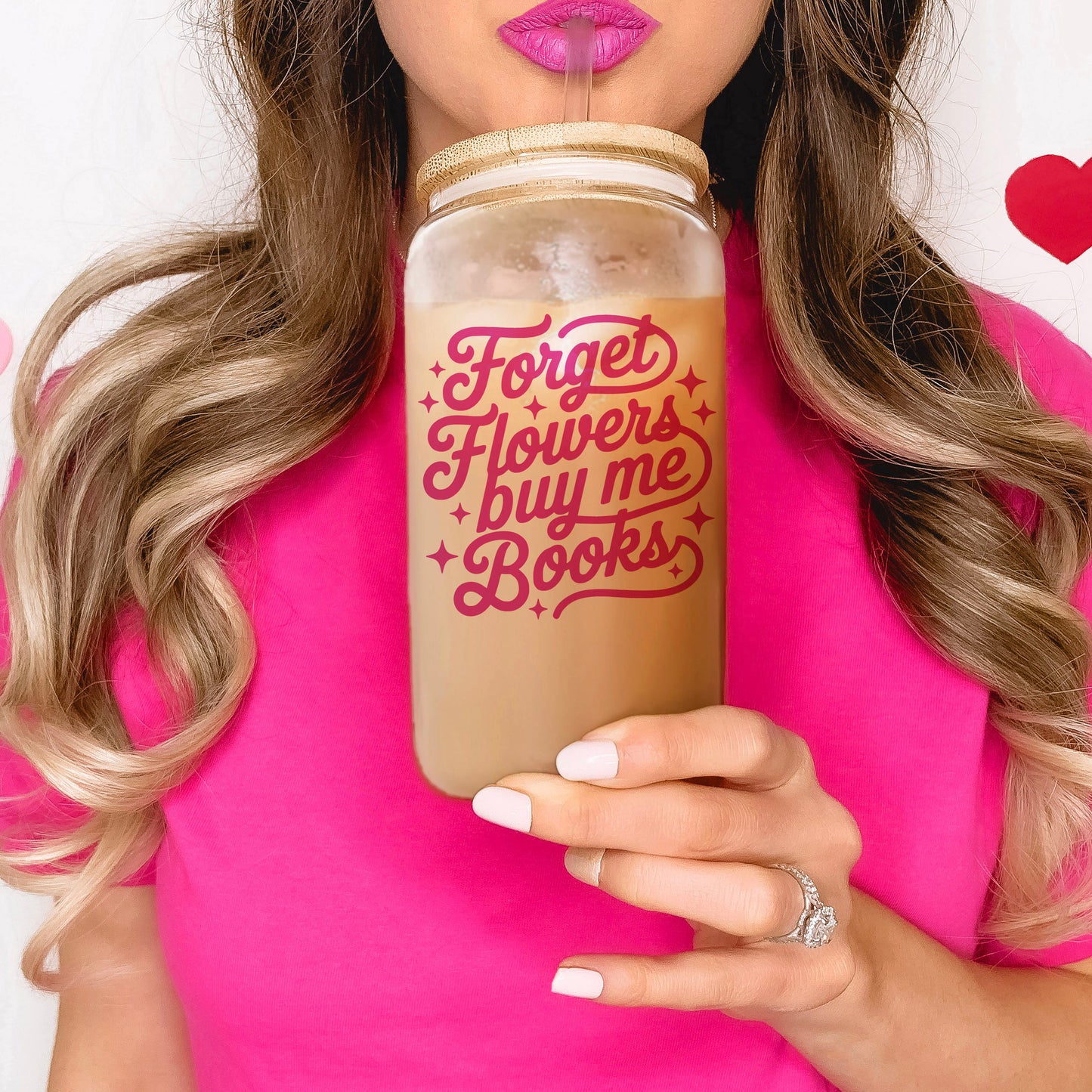 Forget Flowers Buy Me Books Frosted Glass Cup with Bamboo Lid & Straw