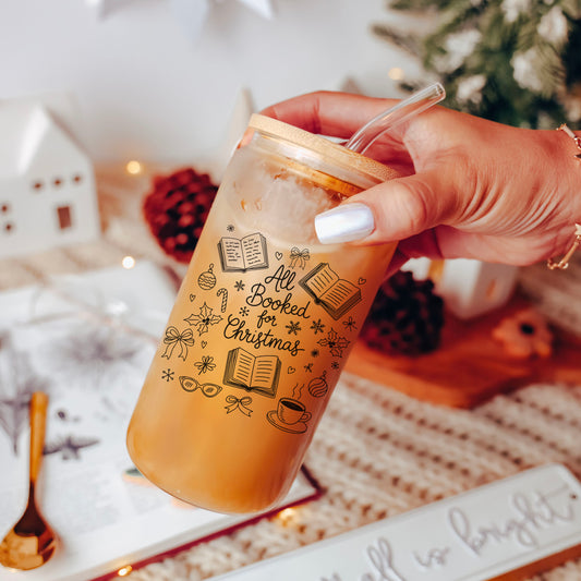 All Booked for Christmas Clear Glass Cup With Bamboo Lid And Straw