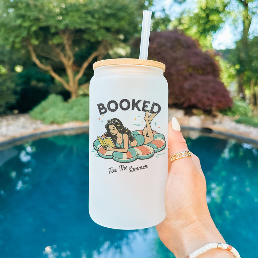 Booked For The Summer Frosted Glass Cup with Bamboo Lid & Straw