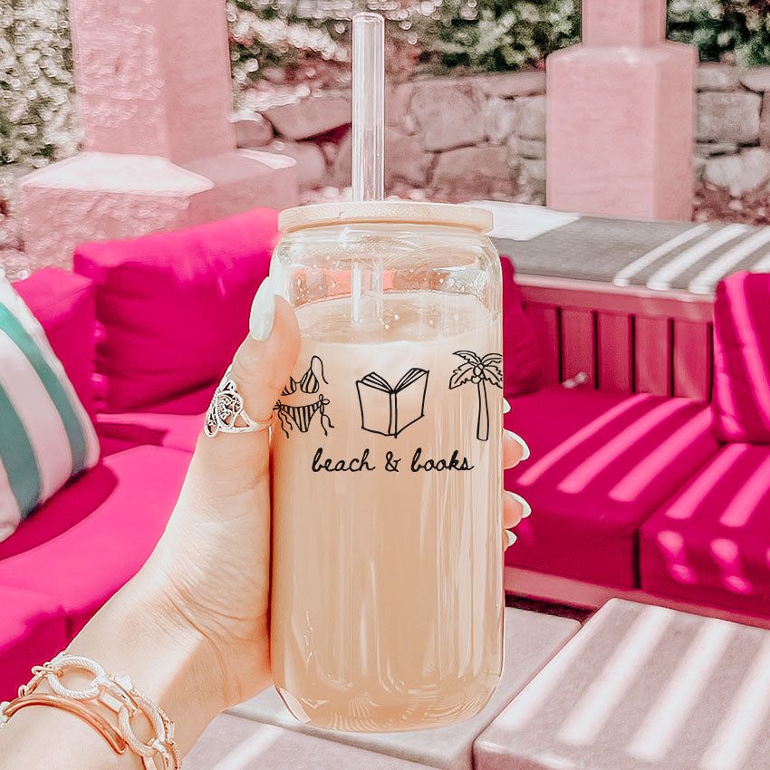 Beach & Books Clear Glass Cup with Bamboo Lid & Straw