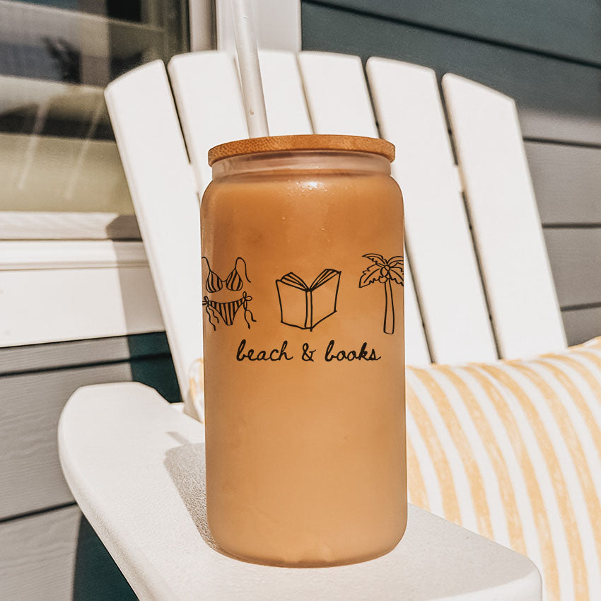 Beach & Books Frosted Glass Cup with Bamboo Lid & Straw