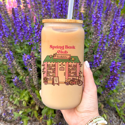 Spring Book Club Frosted Glass Cup with Bamboo Lid & Straw