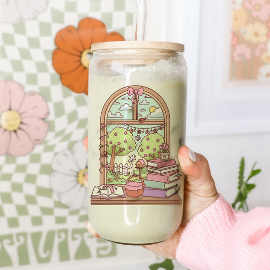 Spring Reading Nook Clear Glass Cup with Bamboo Lid & Straw