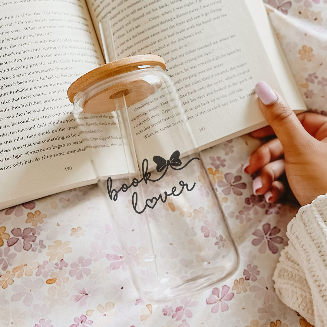 Book Lover Clear Glass Cup with Bamboo Lid & Straw