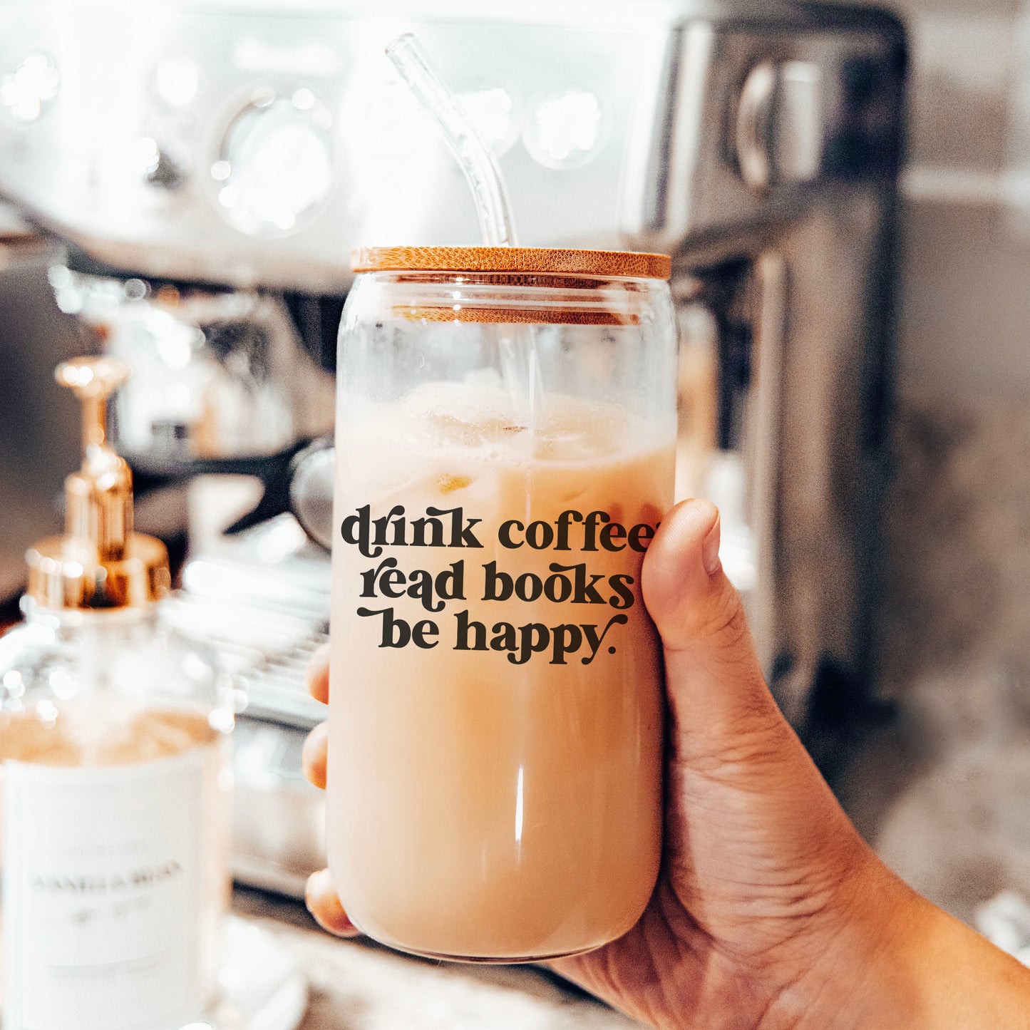 Drink Coffee Read Books Be Happy Clear Glass Cup With Bamboo Lid And Plastic Straw