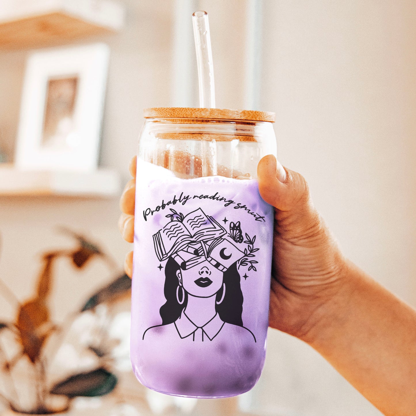 Probably Reading Smut" Clear Glass Cup | Bamboo Lid Tumbler with Reusable Straw Options for Book Lovers