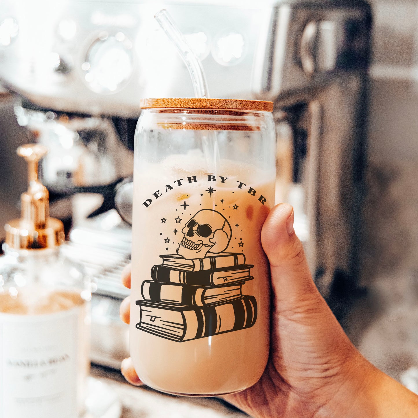 Death by TBR Clear Glass Cup with Bamboo Lid & Straw